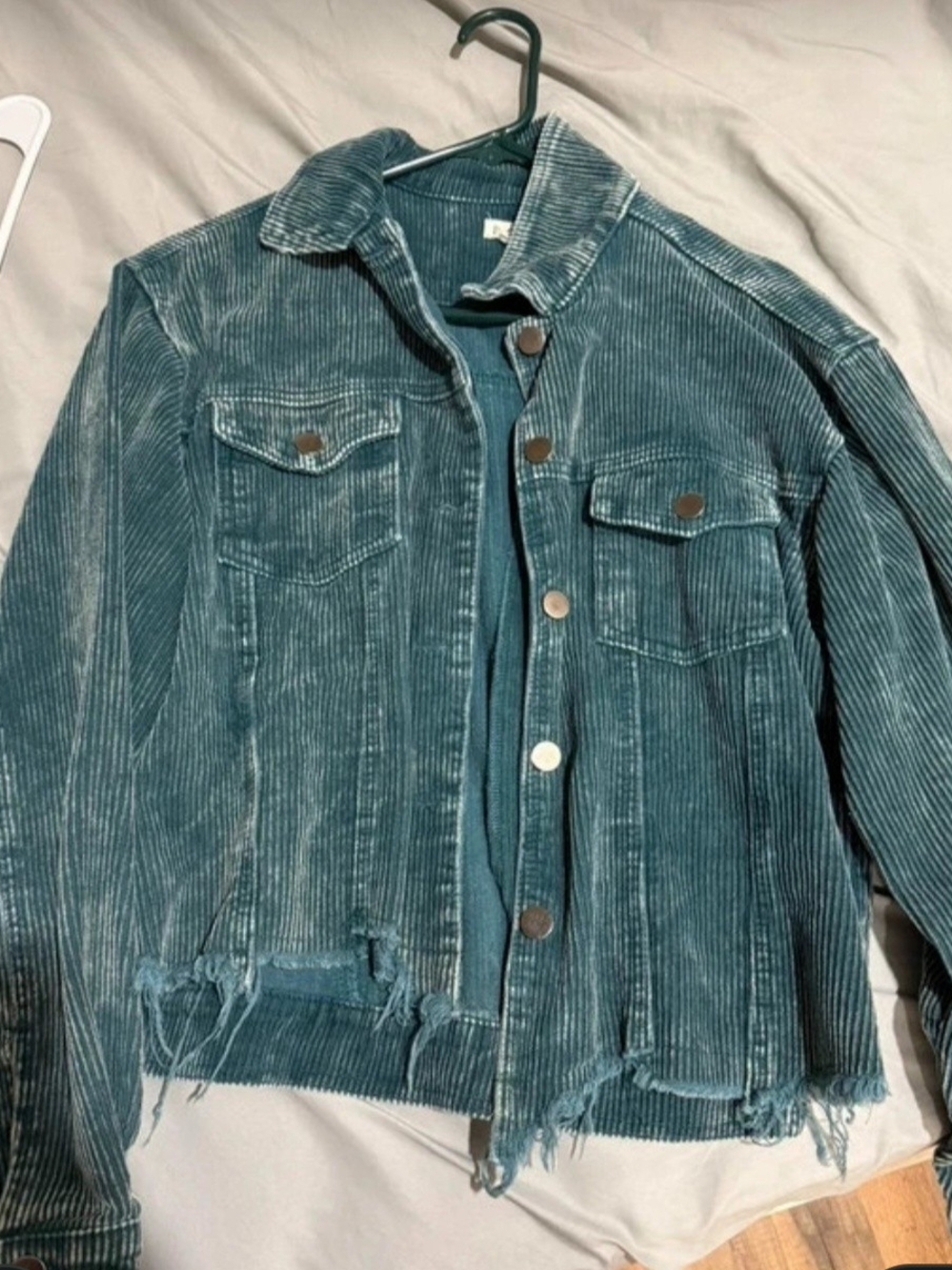 POL Corduroy Distressed Button-Front Jacket - Teal